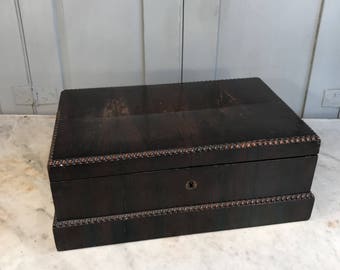 Antique mahogany sewing box with lift out divided tray and misc contents