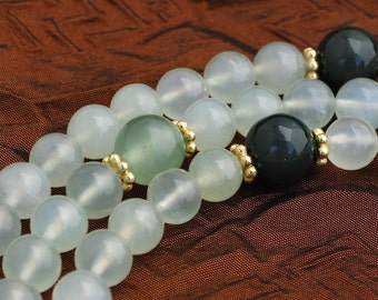 Green Serpentine Mala Necklace w Jade, Moss Agate, Vermeil - Buddhist Prayer Beads Yoga Jewelry