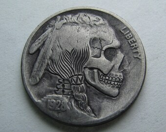 Hobo Nickel Skull By M.J. Petitdemange engraved coin,memento mori,carved skull,Jewelry,Art-metal-Groomsman gift-Halloween,Day of the Dead