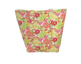 Floral Tote Bag, Cloth Purse, Handmade Handbag, Beige, Green, Yellow, Coral, Pink, Flowers, Fabric Bag, Shoulder Bag