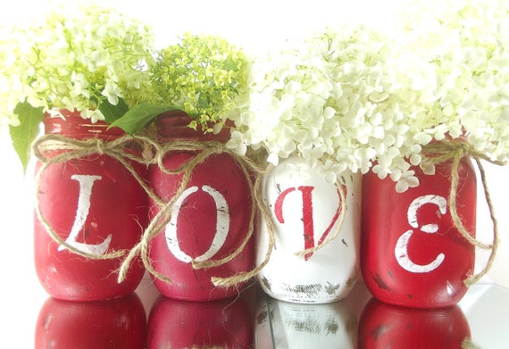 LOVE Rustic Mason Jar Set Home Decorating Valentines Day