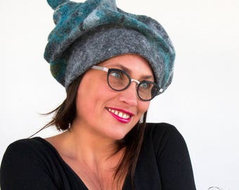 Stylish Felt Hat - Felted Woman Millinery Hat - Gray Green Blue Headsculpture - Made in Paris