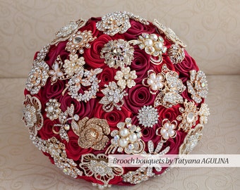 Brooch bouquet. Cherry and Gold wedding brooch bouquet, Jeweled Bouquet.
