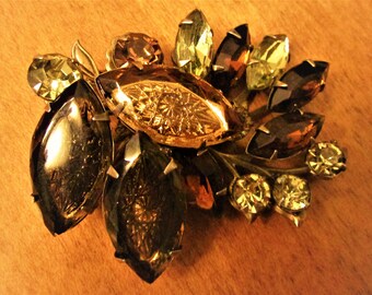 Vintage Amber Topaz Intaglio Rhinestone Brooch marked Judy Lee