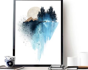 Blue mountain wall art, art print, watercolor poster, nature print, modern blue print, home wall decor, apartment wall art, poster, gift