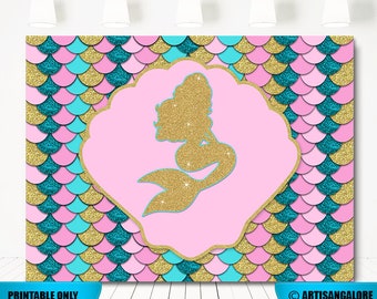 SALE Mermaid Party Table Backdrop, Mermaid Scales Birthday Sign, Pink Teal Glitter Gold Mermaid Background, Mermaid backdrop Printable