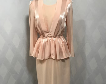 Vintage 80s or 90s Striped Peach Power Suit by Boston Maid Dress with Long Sleeves and Peplum Bodice Size 10