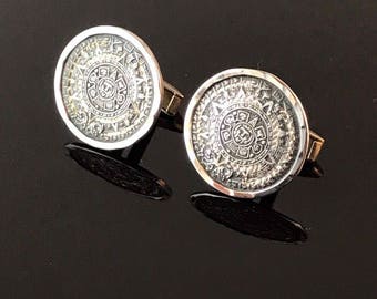 Vintage Sterling Silver Mayan Calendar Cuff Links Eagle #28 Stamped Mexico