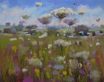 Summer Landscape Queen Annes Lace Wildflowers with Bumblebees Original Pastel Painting Karen Margulis 18x24