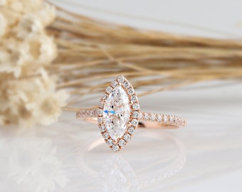 14K Solid Gold Ring/1CT Marquise Cut Simulated Diamond Wedding Ring/ Moissanite Engagement Ring/Halo Ring/Anniversary Ring/ Rose Gold Ring