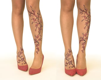 FREE SHIPPING: Tattoo Tights/Pantyhose with Cherry Blossoms