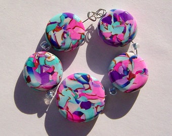Purple Pink Mosaic Artisan Polymer Clay Bead Set with Focal and 4 Beads