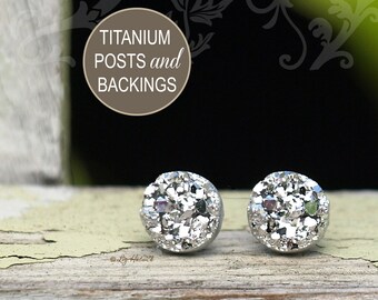 8mm Faux Silver Druzy Studs, Faux Druzy Titanium Post Glitter Earrings