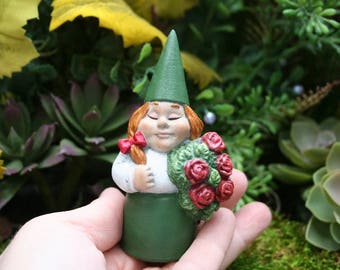 Female Garden Gnome - Traveling Lady Gnome 'Selfie Size' Miniature Concrete Girl Gnome