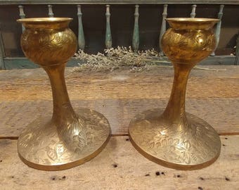 Great Vintage Boho / Bohemian Pair of Etched Brass Candlestick Holders / Candle Holders / Made in India / Set of Two