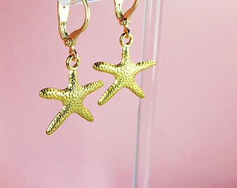 Starfish Earrings, Gold Beach Earrings, Beach Earrings, Gold Starfish Earrings, Summer Earrings, Starfish Accessories, Gold Lever Backs
