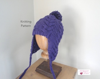 Earflap Hat Knitting Pattern, Super Bulky Yarn, Quick Easy Knit, Ear Warmer Hat with Pom Pom, Horseshoe Cables, Teens Adults
