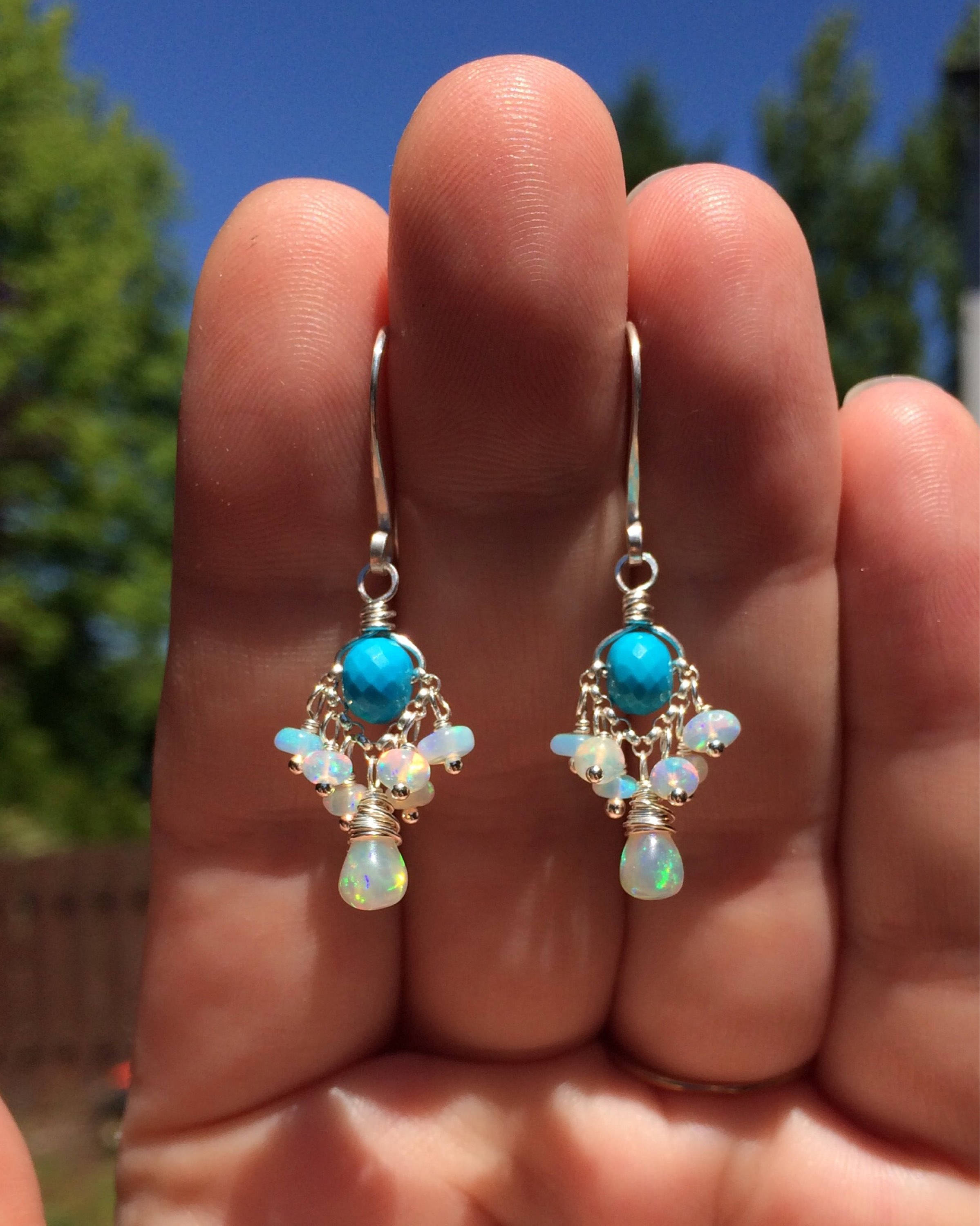 Turquoise & Opal Earrings Petite Fiery Ethiopian Welo Opal