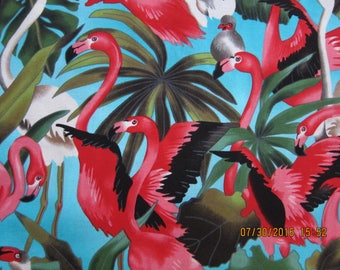 FLAMINGO FABRIC and Foliage on Blue Michael Miller 1/2 Yard - Very rare - #KR12