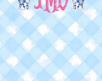 Ginger Jar Gingham Monogrammed Notepads Blue White Pink Holiday Preppy Chinoiserie Palm Beach Vase Chinese Gift Custom Personalized
