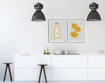 Milk & Cookies Prints, Gallery Wall Kitchen Art, Retro Minimalist Home Decor, Mid Century Modern, Gift for Baker, Mum, Dad, Pair of Prints