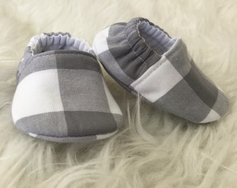 Baby Moccs: Gray and White Plaid Soft Sole Gender Neutral Baby Toddler Shoes