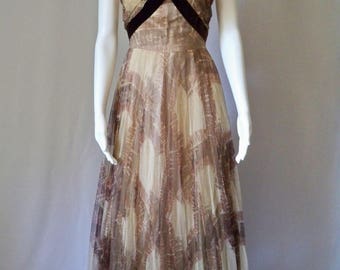 1930s French Couture Evening Gown/Print Tulle/Ruched Bodice/Velvet Straps/Art Deco Dress