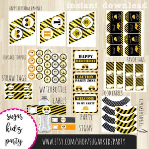 construction party pack, party printables, kids birthday pack, banners, cupcake toppers, favor tags, favor bag toppers, centerpiece, pack
