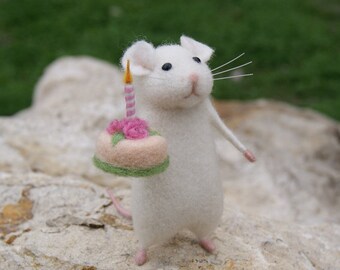 Birthday needle felt mouse White mouse Needle felt animal miniature Birthday gift Home decor