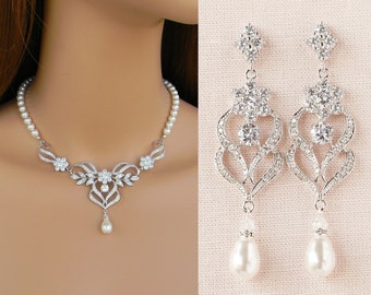 Bridal Jewelry SET, Wedding Jewelry, Pearl Bridal Necklace, Crystal Necklace, Bridal Earrings, Kathryn Necklace