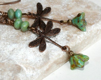 Dragonfly Earrings // Vintaj brass dragonfly dangle earrings // Woodland Jewelry // Rustic