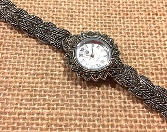 Vintage sterling silver marcasite ladies wrist watch bracelet