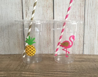 Tropical Party Cups - Flamingo Birthday - Gold Chrome - Disposable Cups w/Lids+Straws - 16oz.- Pineapple Party - Choose Quantity, 24-50 cups