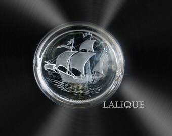 Lalique art glass ash tray with sailing ship decoration