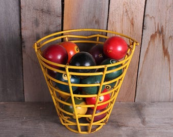 Vintage Yellow Metal Basket Filled with 18 Vintage Pool Billiard Balls Shooting Pool Game