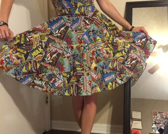 MARVEL Comic book PINUP Dress! Fully Lined. Full Petty Coat. CUSTOM to Your measurements. Spiderman Wolverine Thor Ironman Capt America Hulk