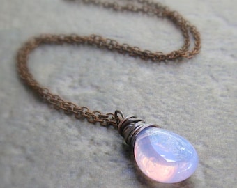 Lilac Opalite Necklace, Antique Copper Wire Wrapped Smooth Briolette Pendant - Periwinkle Blue, Lilac, Pink - Chain Style Option