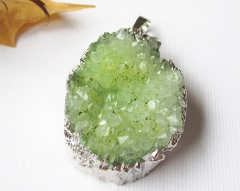 Green Druzy Geode Pendant - Edged Silver Teardrop - Natural Crystal Gemstone Pendant With Loop - Easter Gift - With/Without Chain Druzy