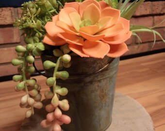faux succulent floral flower arrangement aged metal pot peach pink green sedum FREE SHIPPING INCLUDED