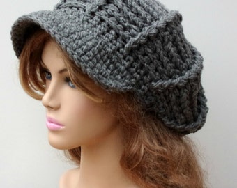 Newsboy hat, newsboy cap, Heather Gray Visor hat, Womens billed Hat, mens Slouchy Beanie, grey newsboy hat, gray winter hat, gift for her