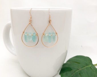 Blue Sea Glass Teardrop Earrings, 14kt Gold Fill