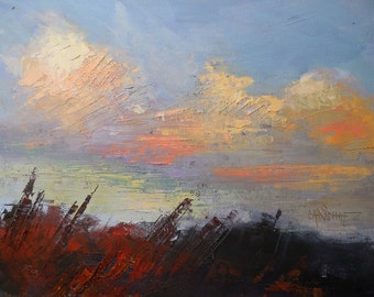 Cloud painting, Daily painting, Small Oil Painting, "Autumn Skies" by Carol Schiff, 8x10x1.5", Free Shipping in US