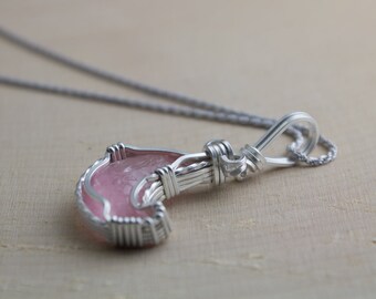 Pink Crescent Moon Necklace, Wire Wrapped Jewelry, 1 1/2 Inch Long.