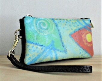 Hand Painted Abstract Art Wristlet Clutch Bag Purse Handbag