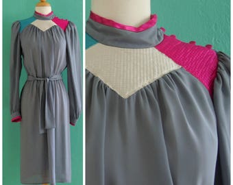 80's grey color block dress // mock neck georgette dress