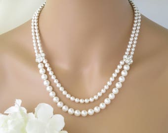 Double strand pearl necklace, Swarovski pearl necklace, Pearl wedding necklace, Rhinestone accent multi strand pearl necklace
