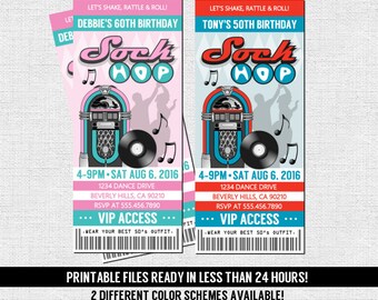 50's TICKET INVITATION Retro Sock Hop Birthday Anniversary Party - Any Age - Dance Fundraiser (print your own) Personalized Printable Files
