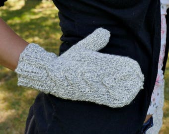 Cable Knit Winter Mittens - Grey and White Textured Vegan Cable Knit Mittens - Warm & Cozy Ladies Hand Knit Mitts with Knit Cable Pattern