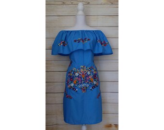 Women's Mexican Dress - Floral Embroidery - Embroidered Mexican Dress - Blue Mexican Dress - Mexican Wedding - Mexican Bridesmaid