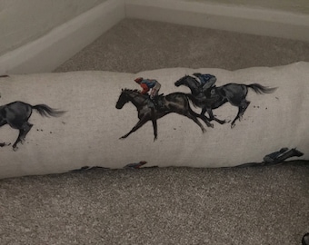 Handmade Draught Excluder in Soun country's racing fabric.
